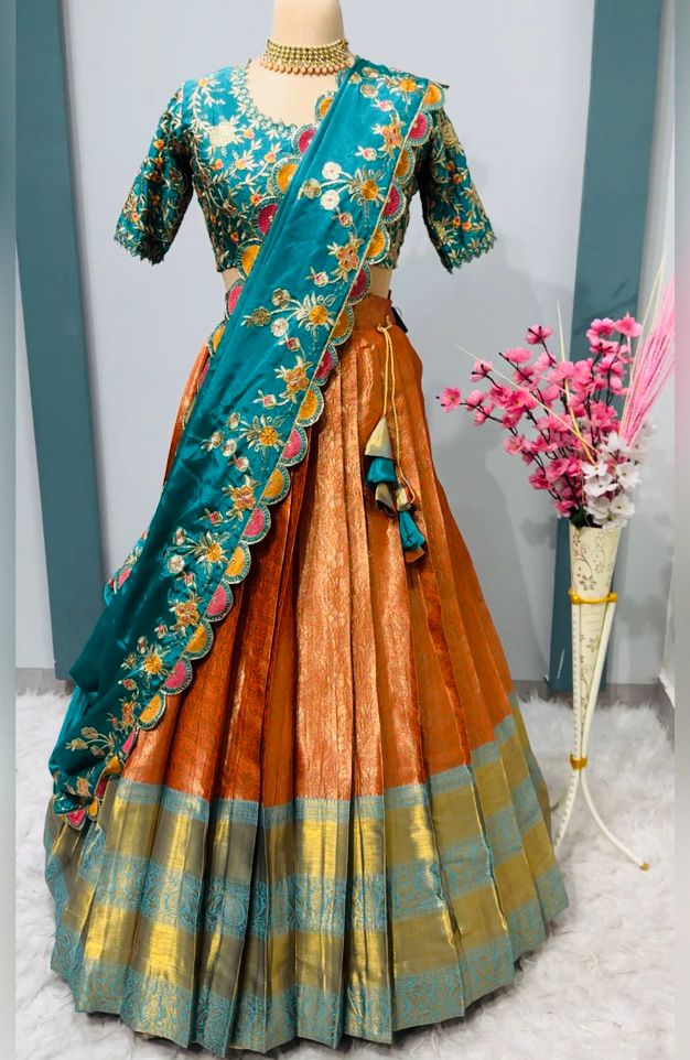 Fully Stitched Orange Kanchipattu Silk Lehenga – Ready to Wear