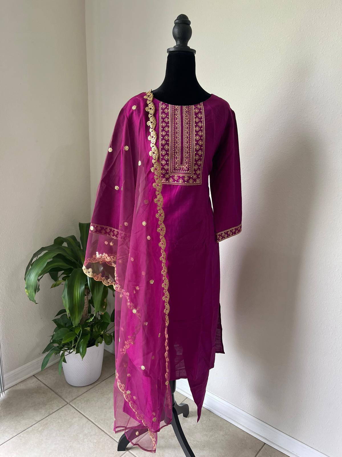 Ethnic Embroidered Kurta Trouser Dupatta Set