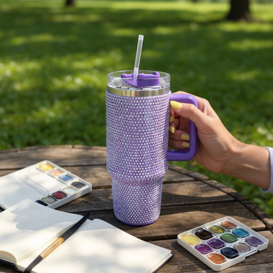 Shiny Rhinestone 40Oz Tumbler with Handle Stainless Steel Waterbottle