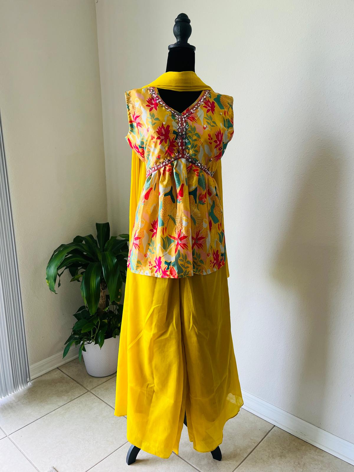 Yellow and White Floral Printed Kurta with Dupatta