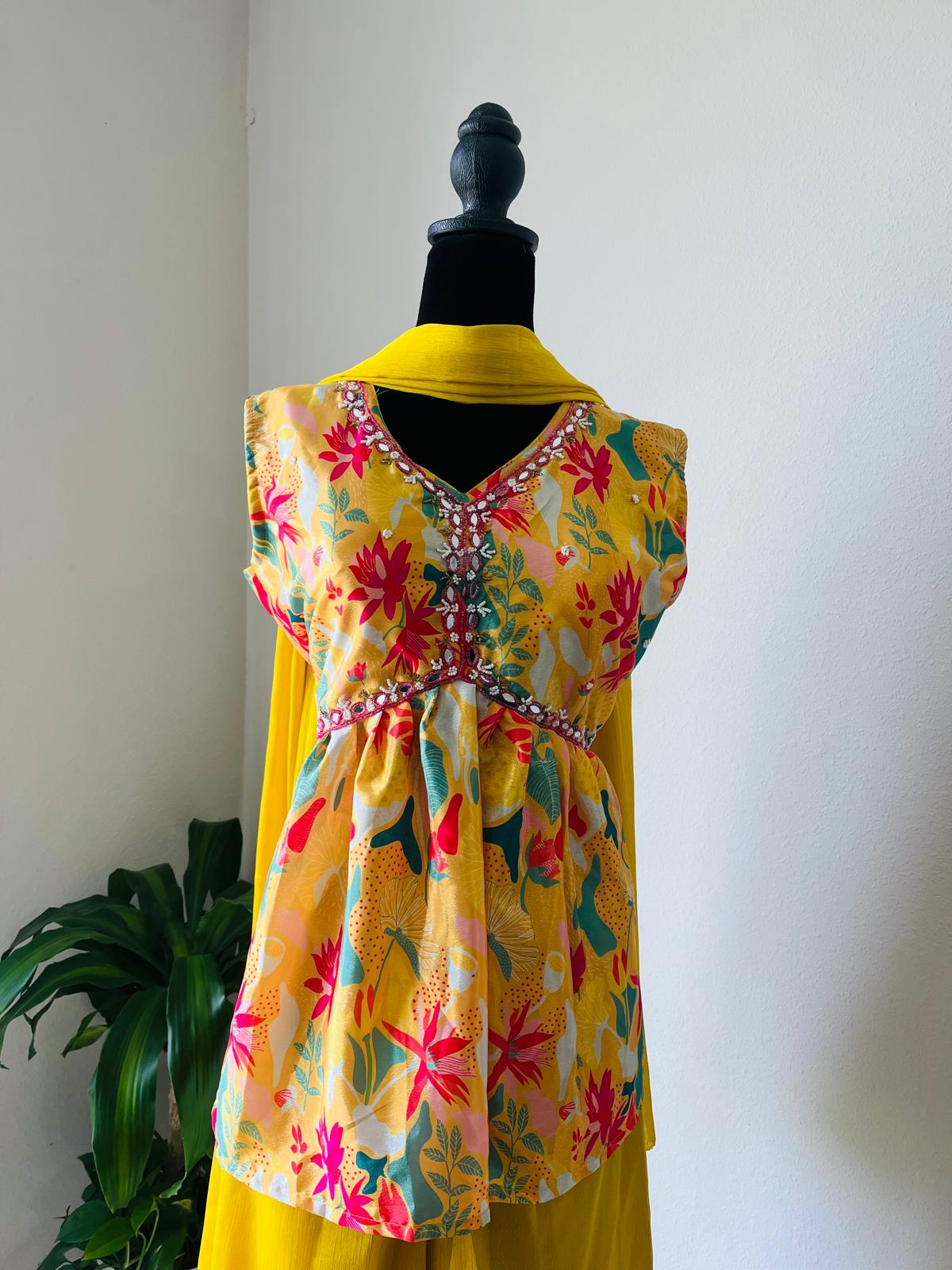 Yellow and White Floral Printed Kurta with Dupatta
