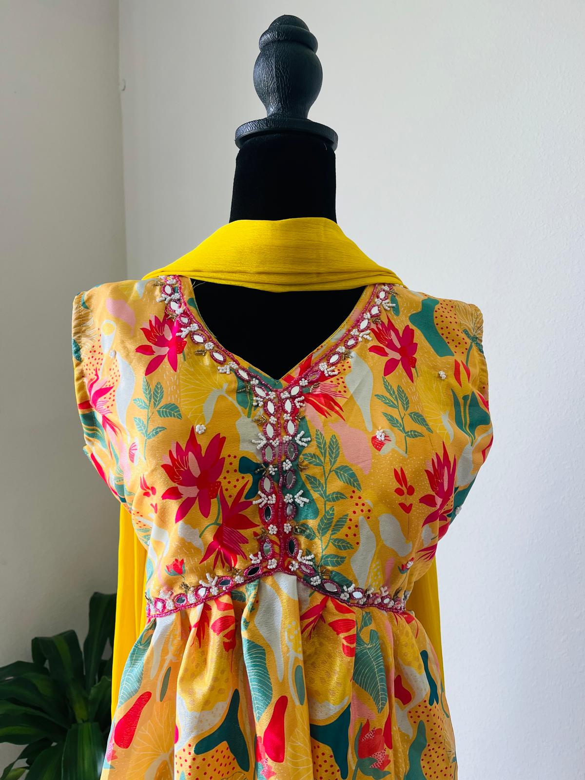 Yellow and White Floral Printed Kurta with Dupatta