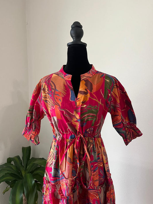 Pink Floral Puff Sleeve Fit & Flare Dress