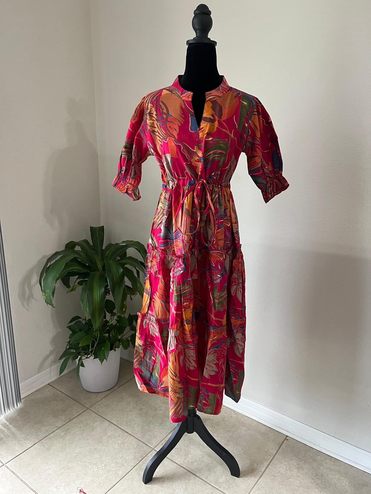 Pink Floral Puff Sleeve Fit & Flare Dress