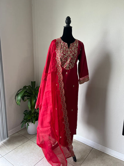 Ethnic Embroidered Kurta Trouser Dupatta Set