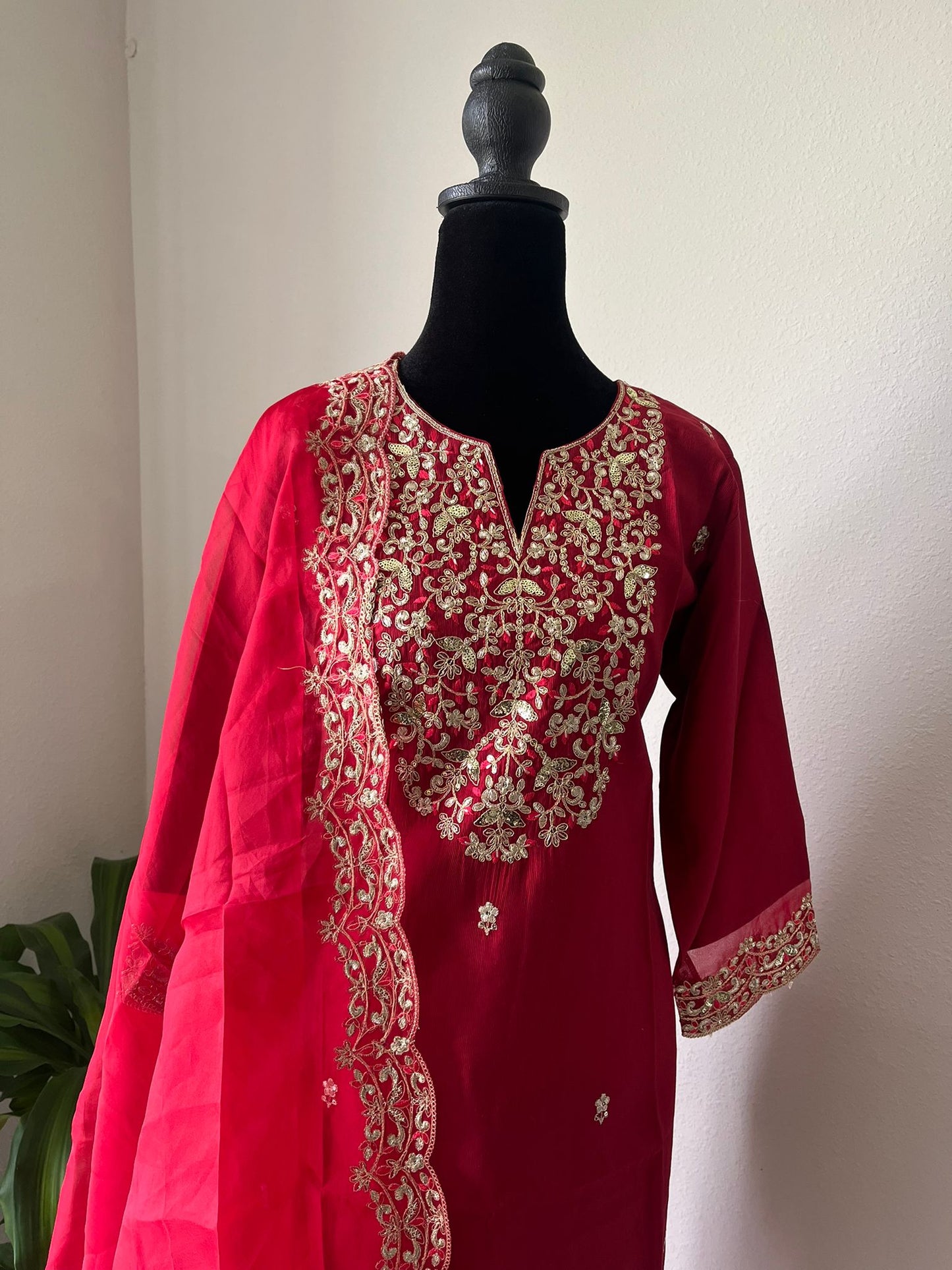 Ethnic Embroidered Kurta Trouser Dupatta Set