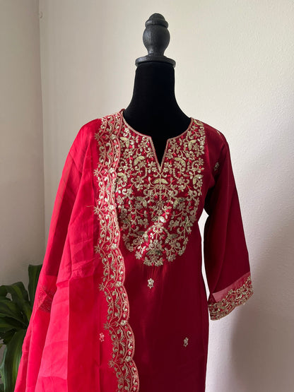 Ethnic Embroidered Kurta Trouser Dupatta Set