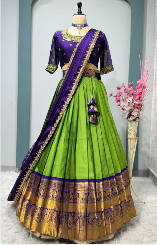 Fully Stitched Green Kanchipattu Silk Lehenga – Ready to Wear