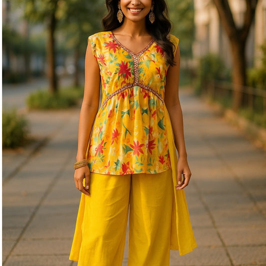 Yellow and White Floral Printed Kurta with Dupatta