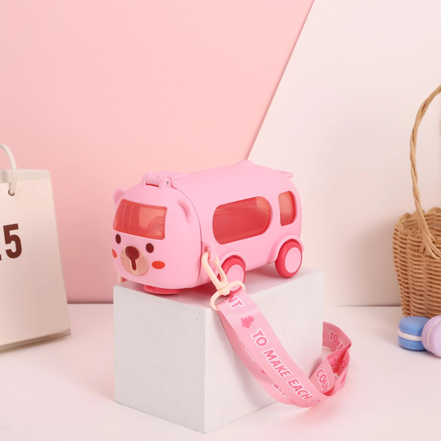 500ml Cute Cartoon Bus Straw Water Bottle with Handle